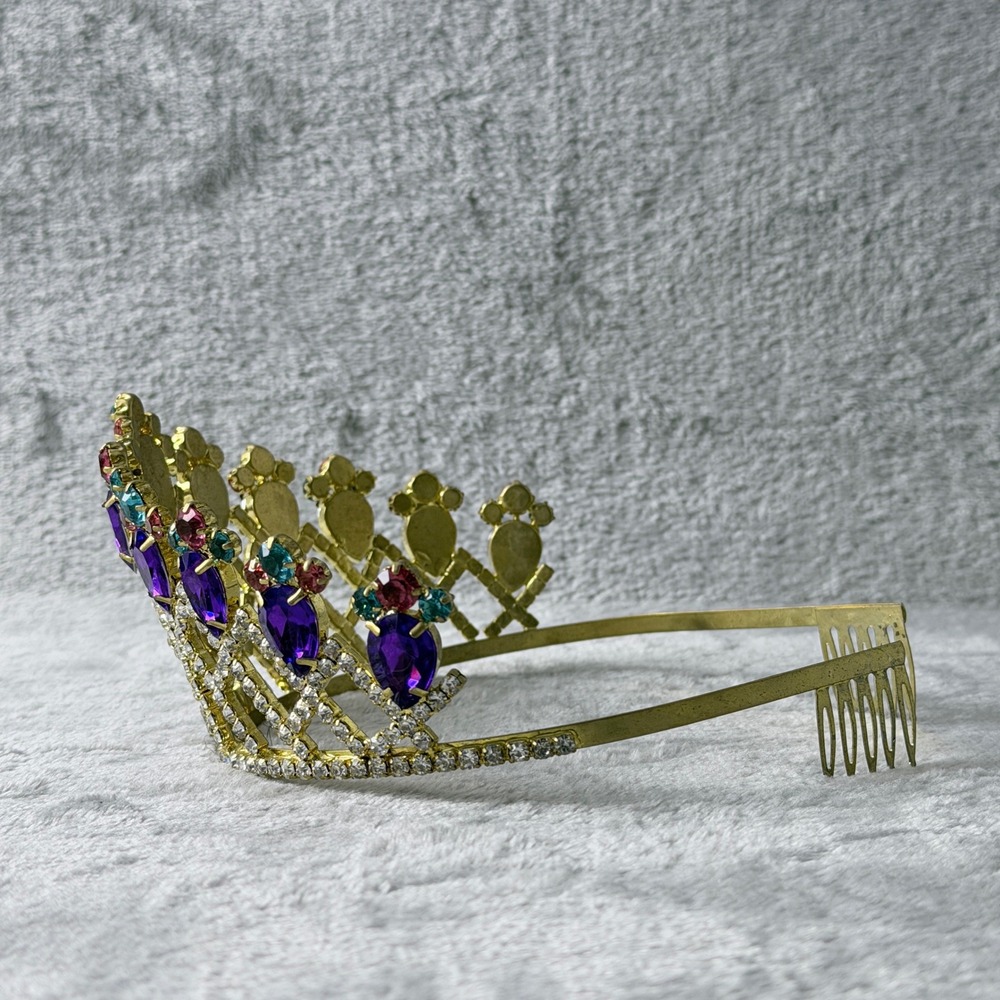 Tiara Crown Metal Women Gold Purple Teal Rhinestone Pageant‎ Regal Birthday NOLA - Picture 7 of 7